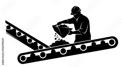 Silhouette of a worker pouring material onto a conveyor belt in an industrial setting.