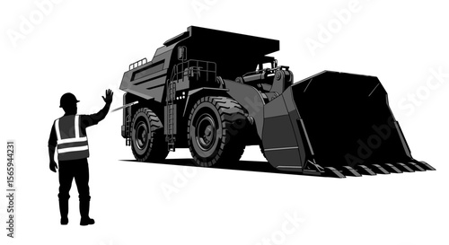 Silhouette of a worker signaling near a large, dark gray dump truck.
