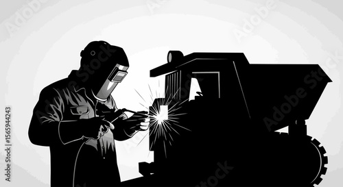 A silhouetted welder working on a large industrial vehicle, creating sparks.