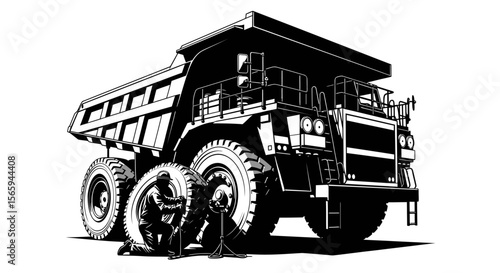 A large dump truck being serviced by a mechanic, changing a tire.