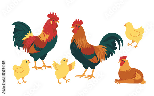 Cartoon Roosters and Chicks Two Male Chickens with Three Baby Chickens Isolated on White