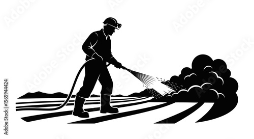 A farmer silhouetted against a landscape, using a hose to spray a field, possibly pesticides or herbicides.