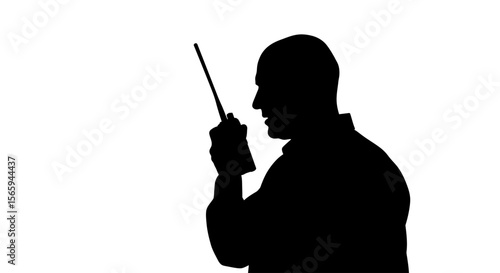 Silhouette of a man holding a walkie-talkie, communicating, isolated on white.