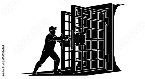 Silhouette of a man pushing open a large, barred door set into a tree trunk.