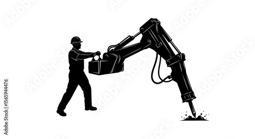 Silhouette of a construction worker operating a large jackhammer, breaking ground.
