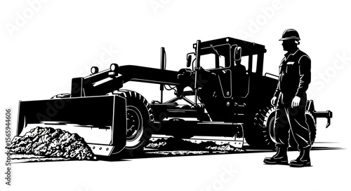 A road grader levels ground as a construction worker stands nearby wearing a hard hat.