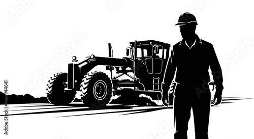 Silhouette of a construction worker beside a road grader, suggesting heavy machinery operation.