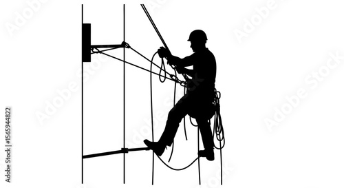 Silhouette of a construction worker climbing scaffolding with ropes, wearing a hard hat.