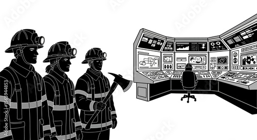 Silhouettes of firefighters stand ready, observing a control room, possibly for a fire station or emergency response center.
