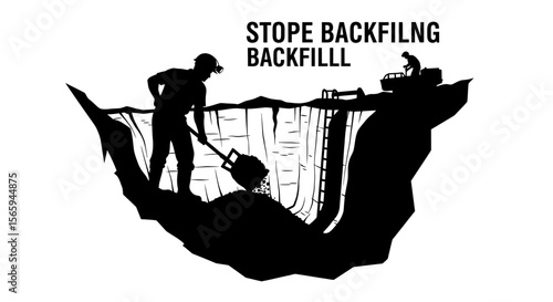 Mine backfilling operation: a worker shovels while machinery pours fill into a large excavated stope.