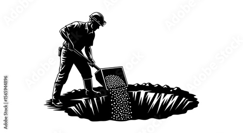 A worker uses a shovel to empty a load into a hole.