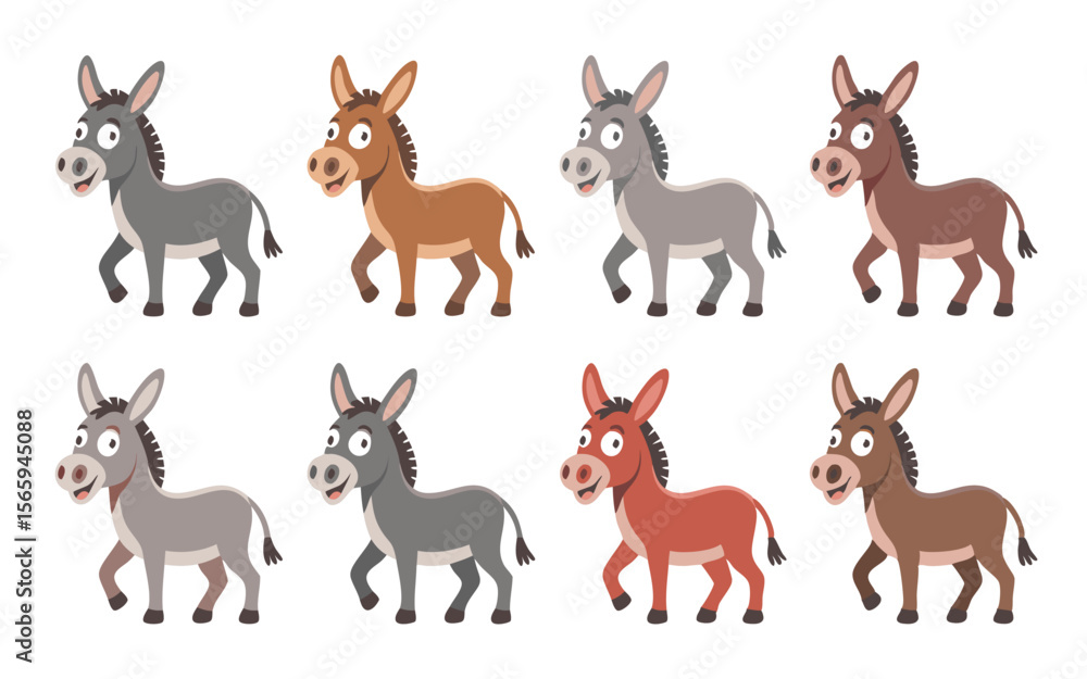 Fototapeta premium Collection of Cartoon Donkey Illustrations in Various Colors, Isolated on White Background