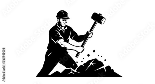 A strong man powerfully swings a sledgehammer, shattering rocks.