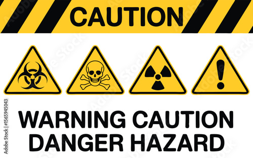 Caution Sign Featuring Biohazard, Skull, Radioactive, and Exclamation Point Warning Symbols, Yellow and Black Stripes