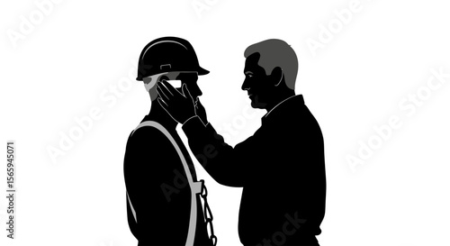 A concerned older man comforts a younger, injured construction worker.