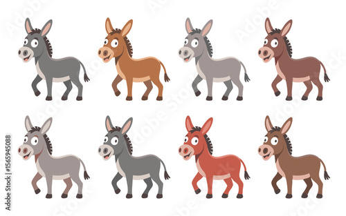 Collection of Cartoon Donkey Illustrations in Various Colors, Isolated on White Background