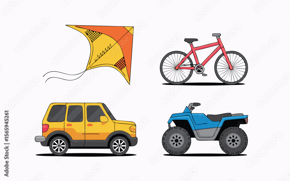 Naklejka premium Colorful Cartoon Vehicles and Toy Kite, Bicycle, Yellow Car, Blue ATV Illustration
