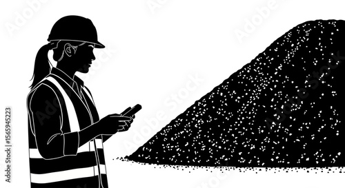 Female construction worker in hardhat uses handheld device to inspect large pile of aggregate.