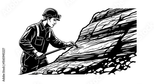 A miner in work attire examines a rock formation with a pickaxe, engaged in exploration.