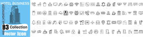 Collection of 83 hotel business vector icons representing services and amenities