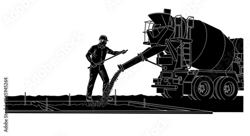 Construction worker directing concrete flow from a cement mixer truck onto a prepared surface.
