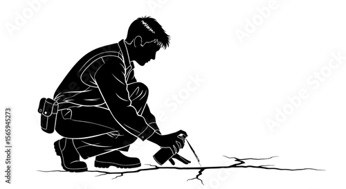 Silhouette of a man crouching and applying sealant to a crack in the ground with a spray can.