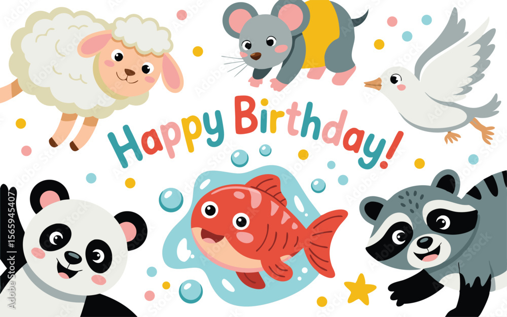 Naklejka premium Cute Cartoon Animals Celebrating a Colorful Happy Birthday Illustration With Panda, Sheep, Fish, and Friends