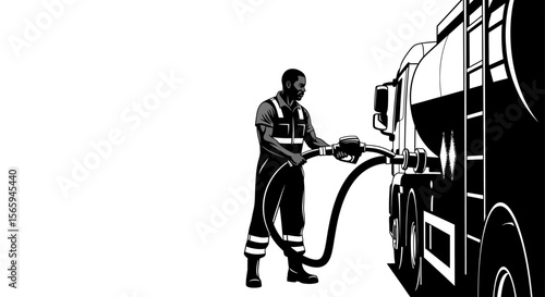 A fuel tanker driver carefully connects a fuel hose to a tanker truck.
