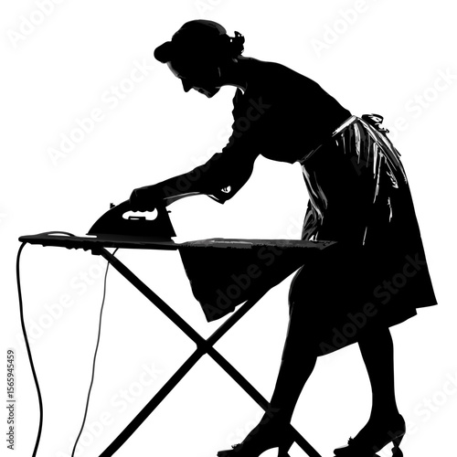 Woman Silhouette Ironing Clothes Black and White vector 2