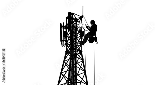 Silhouette of a Telecommunications Technician Climbing a Cell Tower for Maintenance