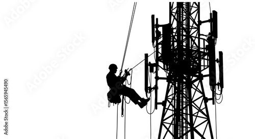 Communication Tower Climber Silhouette of a Worker Ascending a Tall Structure