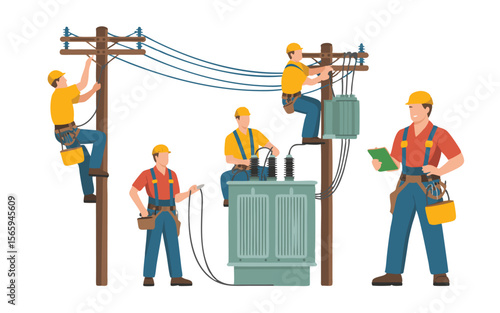 Electric Utility Workers Repairing Transformer and Power Lines on Utility Poles, Illustration