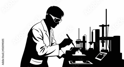 Silhouette of a scientist working in a laboratory, focused on research and experimentation.