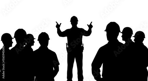 Silhouette of a construction foreman addressing a group of workers.