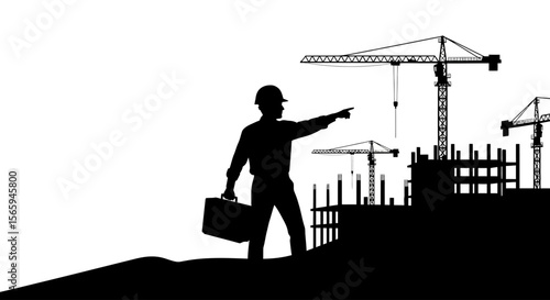 Construction foreman overseeing a building site, directing work near towering cranes.