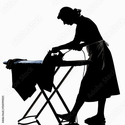 Woman Silhouette Ironing Clothes on Folding Board ironing board