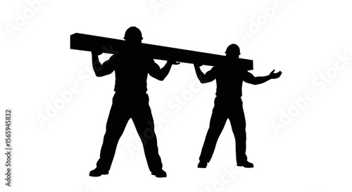 Two silhouetted figures carry a long, rectangular wooden beam on their shoulders.