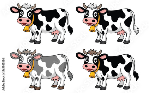Four Cartoon Cows with Bells, in Black, White and Grey Coloring Poses