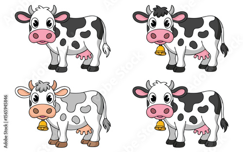 Four Cartoon Cows with Black and Gray Spots, Pink Noses, and Optional Golden Bells