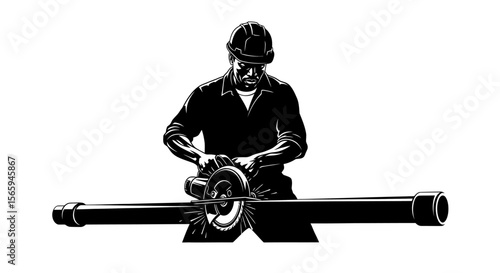 A construction worker carefully cuts through a metal pipe with a circular saw.