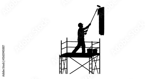A silhouette of a painter on scaffolding applying paint to a wall.