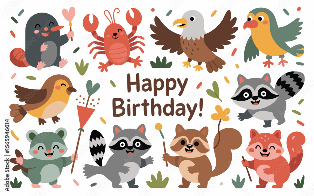 Obraz premium Happy Birthday Greeting Card with Mole, Lobster, Eagle, Birds, and Smiling Raccoons and Squirrels