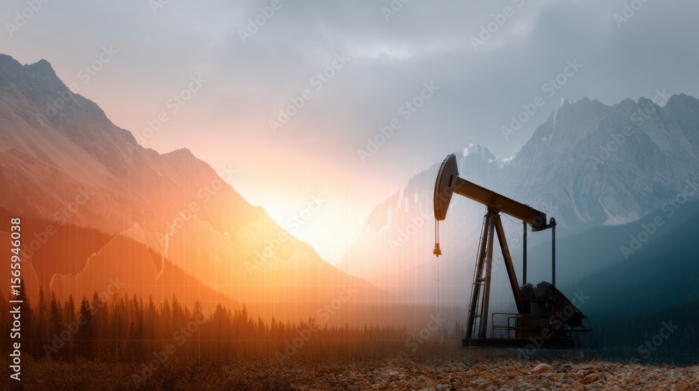 Naklejka premium Premium Modern Crude Oil Pumpjack Silhouette with Financial Data Overlay Professional Energy Market Trends for Confident Business Marketing