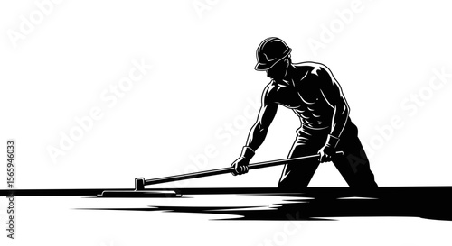 A muscular construction worker powerfully strikes a metal surface with a sledgehammer.