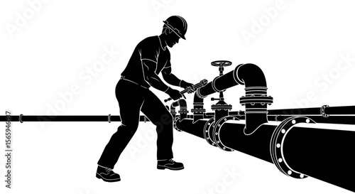 Industrial Worker Maintaining Pipeline System Silhouette Illustration