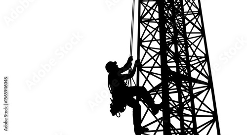 Silhouette of a Climber Ascending a Tall Metal Structure