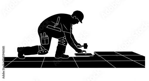Skilled Worker Installing Tiles Professional Floor Tiling Installation