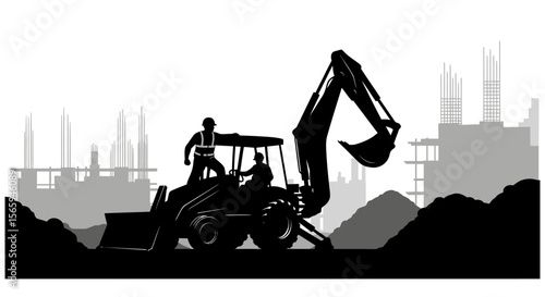 Construction Site with Excavator and Workers Silhouette Illustration