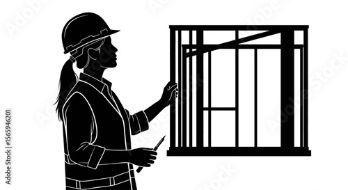 Silhouette of a female construction worker inspecting a window frame.
