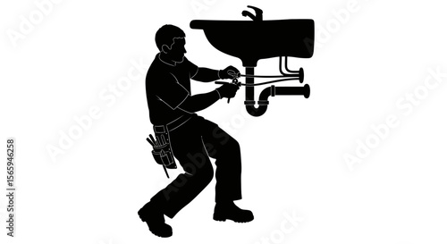 A plumber diligently works under a sink, using tools to repair or maintain the plumbing system.